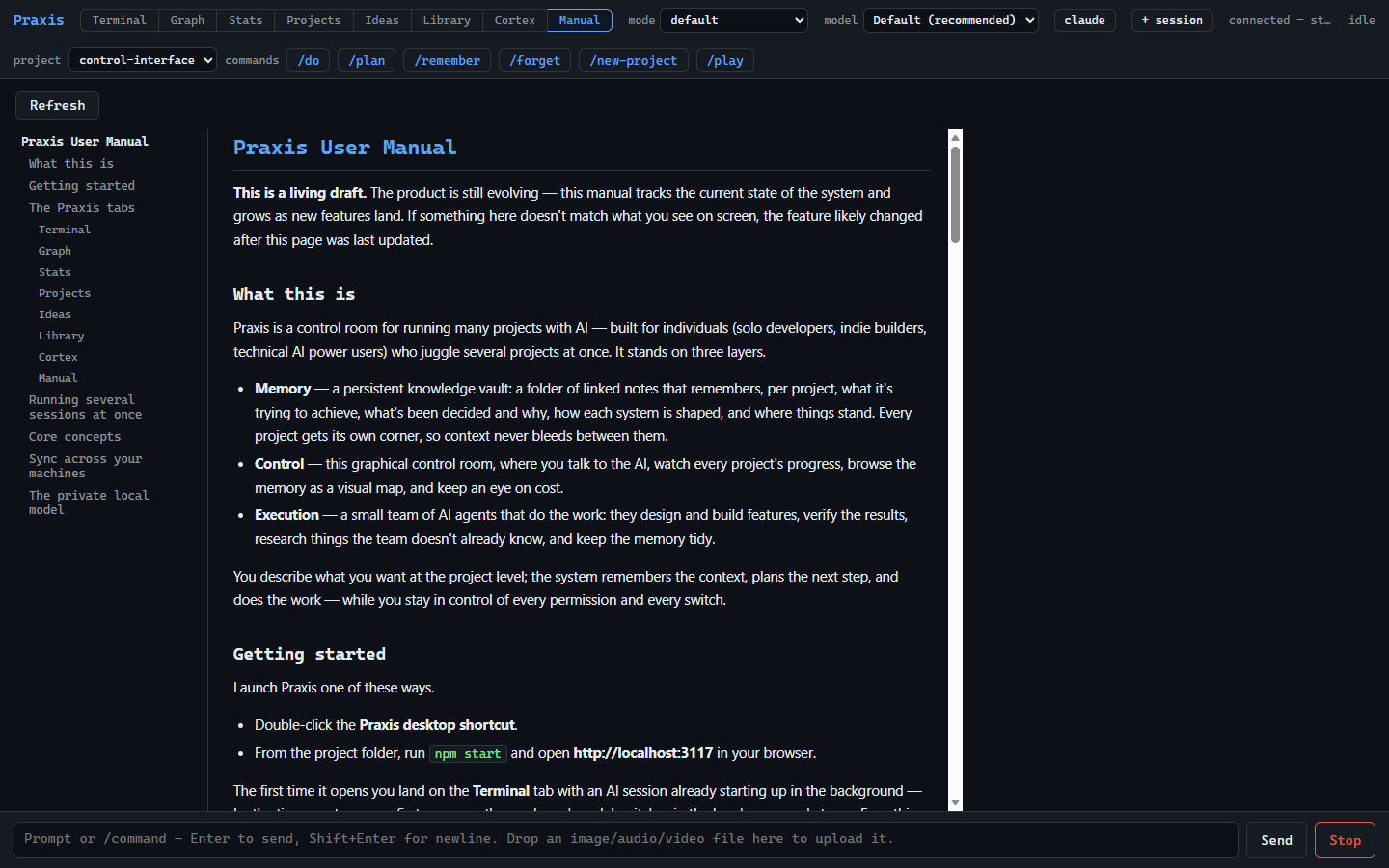 Praxis Manual tab — the built-in user manual