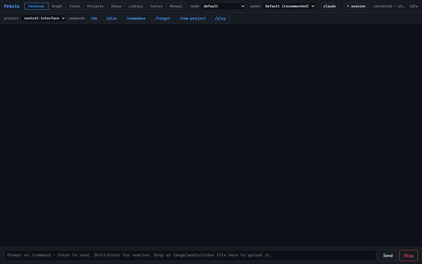 Praxis Terminal tab — the command surface with its command palette and project selector